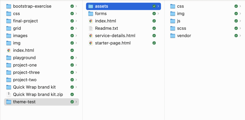Screenshot of NMIX 4010 course file structure with theme-test download.